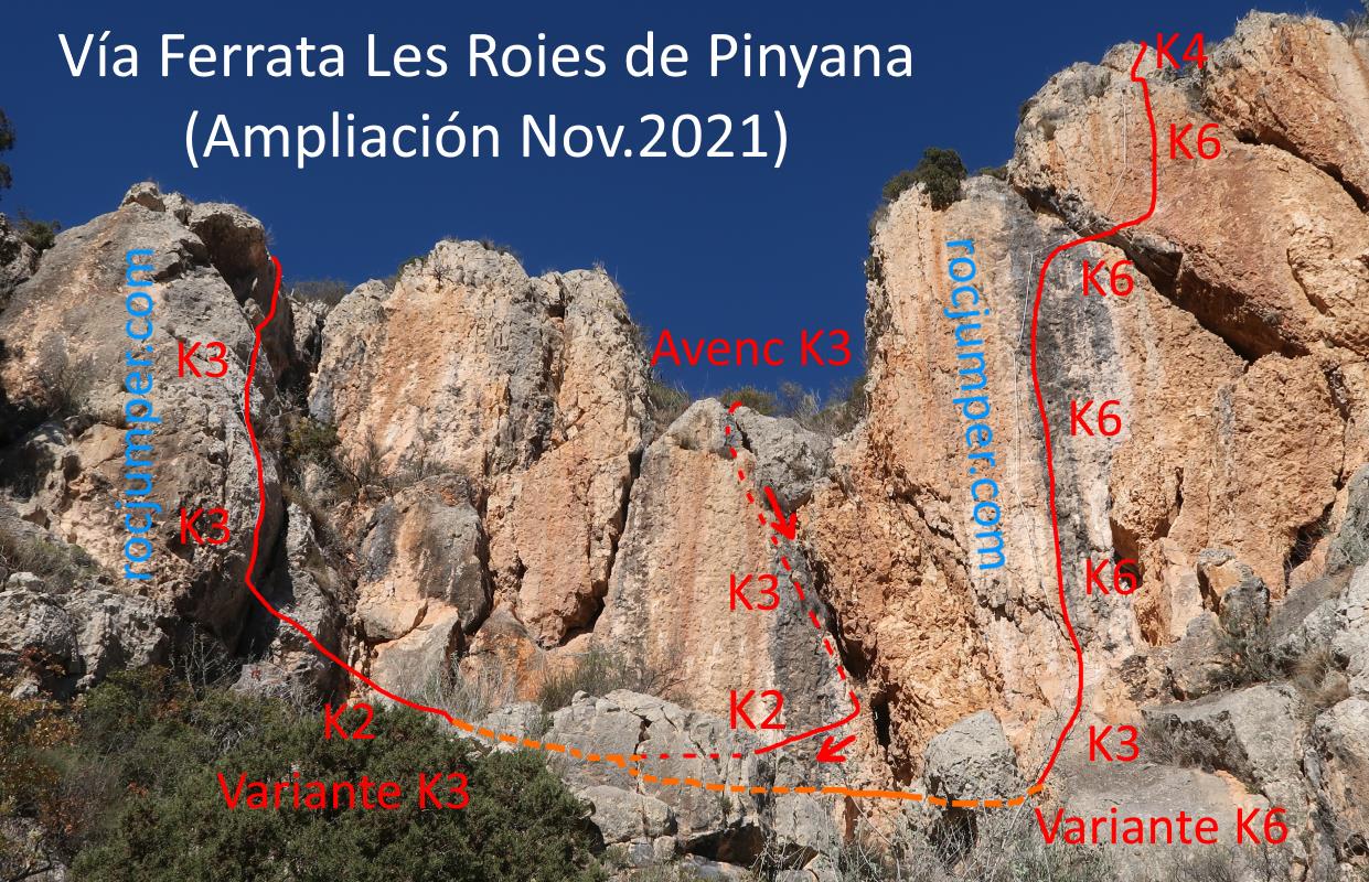 Croquis - Variantes de vía Ferrata Roies de Pinyana - RocJumper