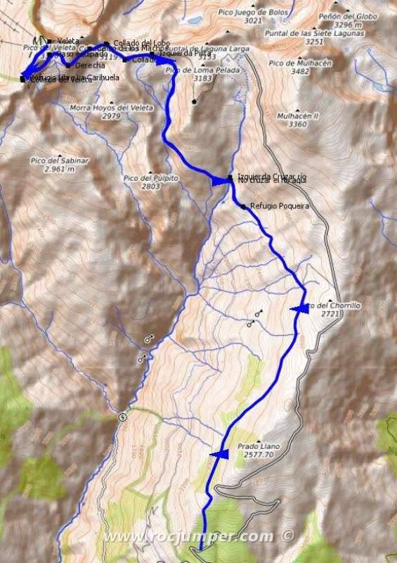 Veleta desde Refugio Poqueira por Río Seco - Mapa