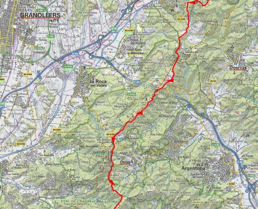Mapa - GR92 Etapa 16 Coll de Bordoi (Llinars del Vallès) - Coll de Font de Cera (Alella Park)