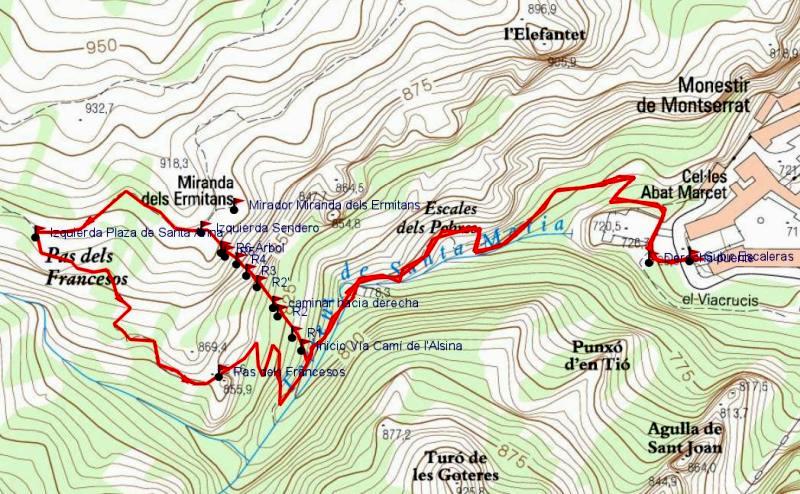 Mapa - Vía Camí de l'Alsina - Miranda de Pas dels Francesos - Montserrat - RocJumper