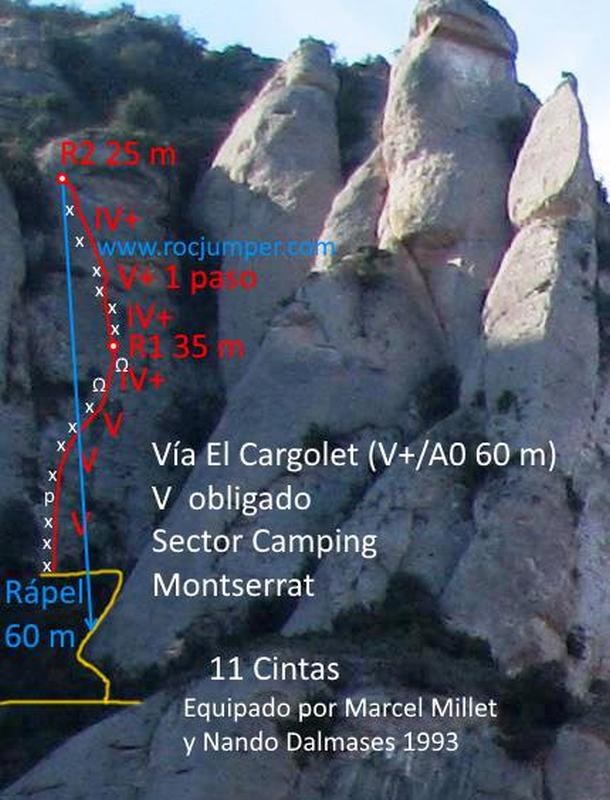 Croquis - Vía El Cargolet (V+ 60 m) Sector Camping - Montserrat