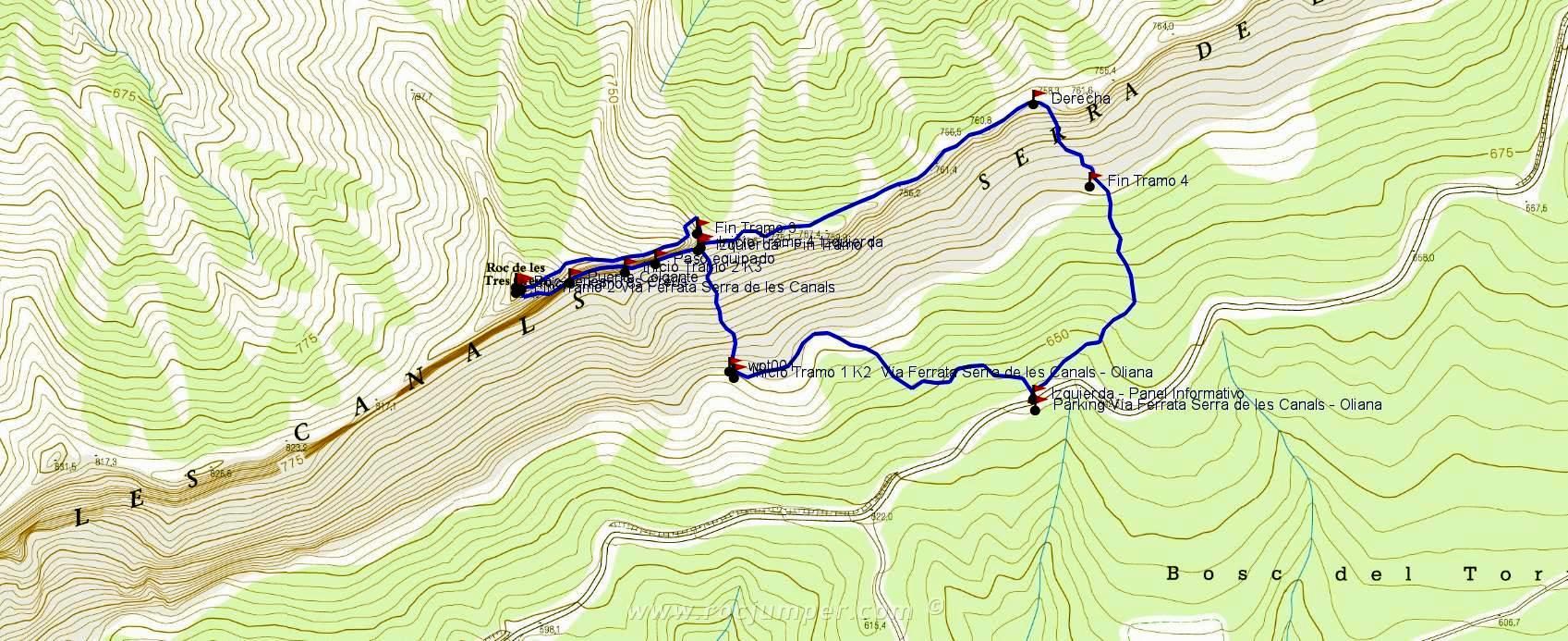 Mapa - Vía Ferrata Serra de les Canals - Oliana - RocJumper