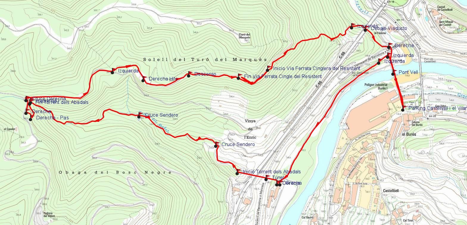 Mapa - Torrent dels Abadals - Vía Ferrata Cinglera del Resistent - Castellbell i el Vilar - RocJumper