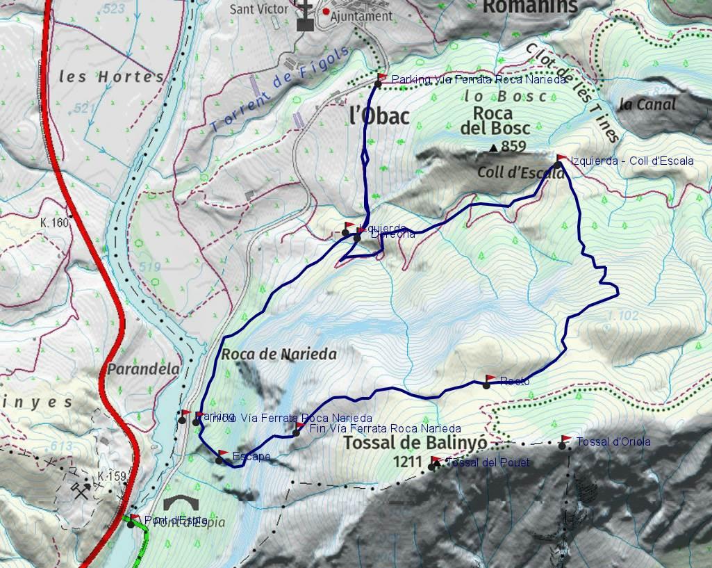 Mapa - Vía Ferrata Roca Narieda - Figols - RocJumper