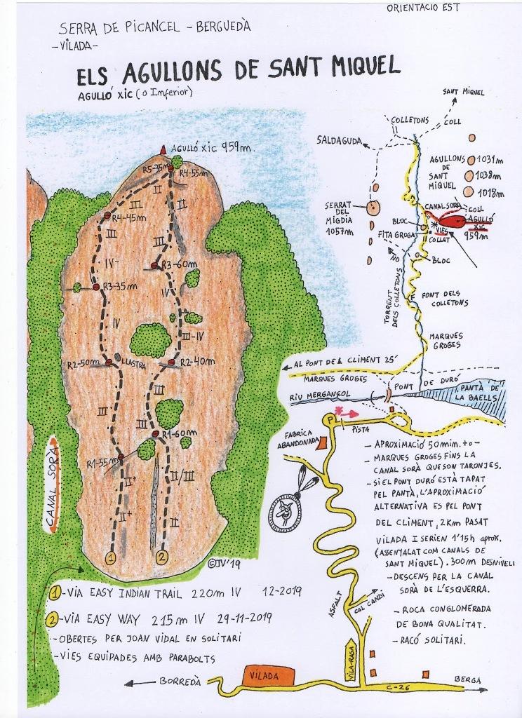 Croquis - Vía Easy Indian Trail - Agulló Xica o Inferior - Agullons de Sant Miquel - Serra de Picancel