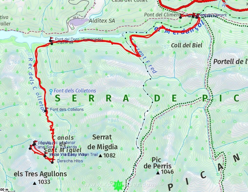 Mapa - Vía Easy Indian Trail (IV 220 m) Agulló Xica o Inferior - Agullons de Sant Miquel - Serra de Picancel (Vilada, Barcelona)