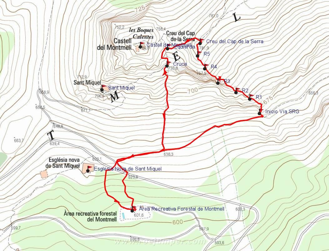 Mapa - Vía Aresta de SRG - Creu de Montmell - Juncosa de Montmell - RocJumper