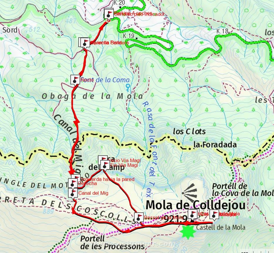 Mapa - Vía Magí - Roca dels Llamps - Mola de Colldejou 