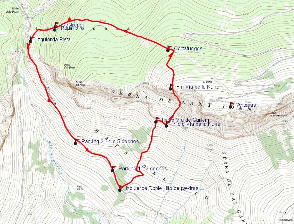 Mapa - Vía de la Núria - Serra de Sant Joan - Boxiols - RocJumper