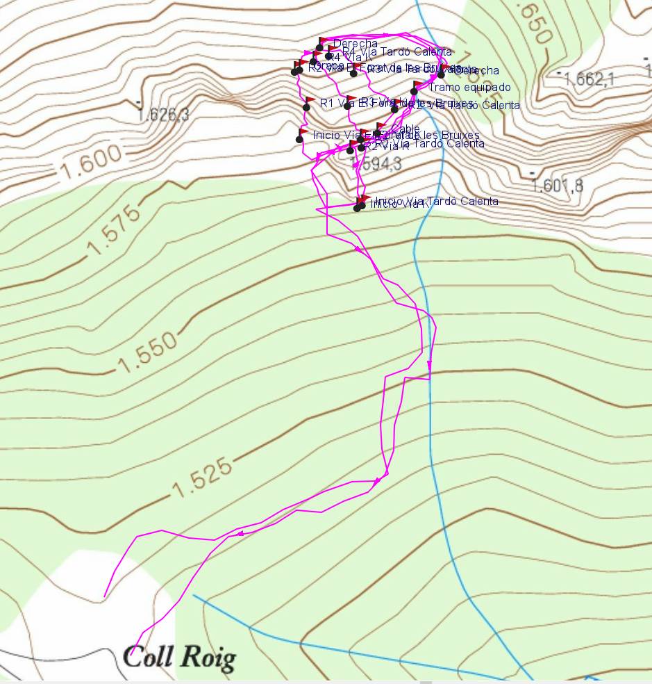 Mapa - Vía Tardo Calenta - Vía K - Vía El Forat de les Bruixes - Coll Roig - Montroig - RocJumper