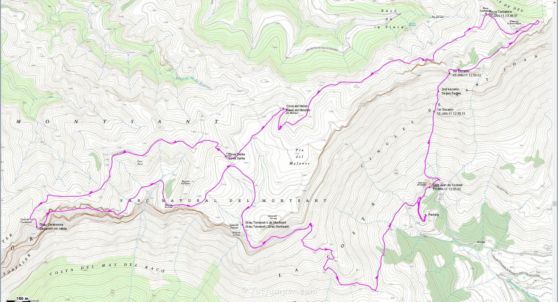 Mapa - Camino Equipado Grau dels Tres Esglaons K3 - Roca Corbatera (100 Cims) - Cova del Moloner - Santa Cova - Grau de Montsant (Cornudella de Montsant, Tarragona) - RocJumper