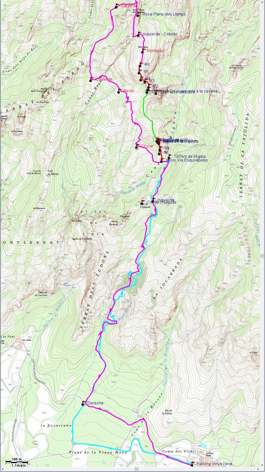 Mapa - Vía Esquivabolas - Cajoleta + Vía Tot el que vola, a la cassola - Montgròs - Montserrat - RocJumper