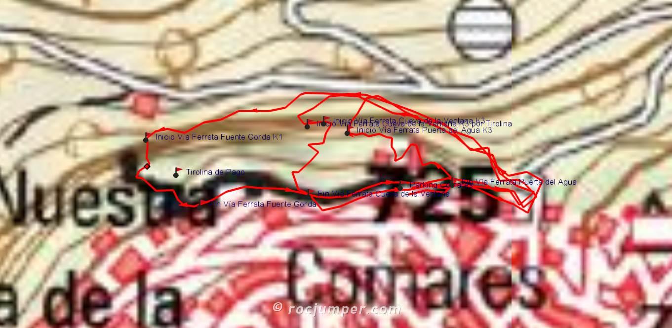 Mapa - Vía ferrata Fuente Gorda - Vía Ferrata Cueva de la Ventana - Vía Ferrata Puerta del Agua - Comares - RocJumper