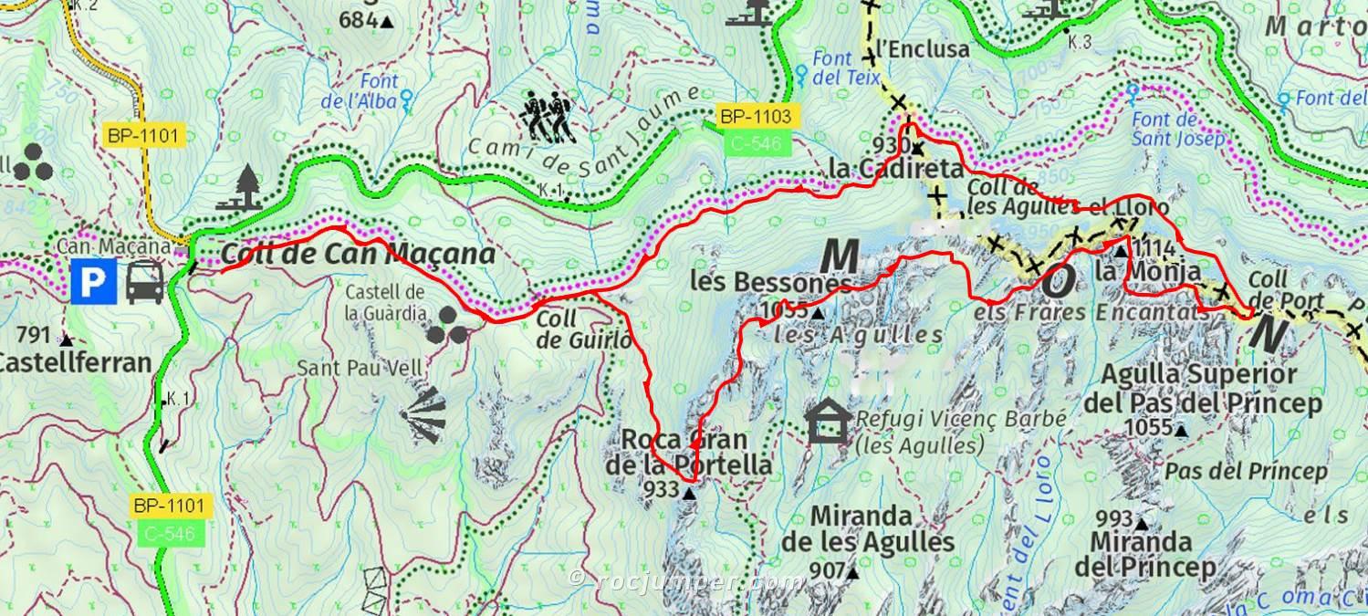 Mapa - Travesía Agulles y Frares Encantats - Montserrat - RocJumper