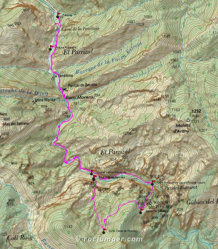 Mapa - Canal de Ase - Canal de les Peonies - Beceite - RocJumper